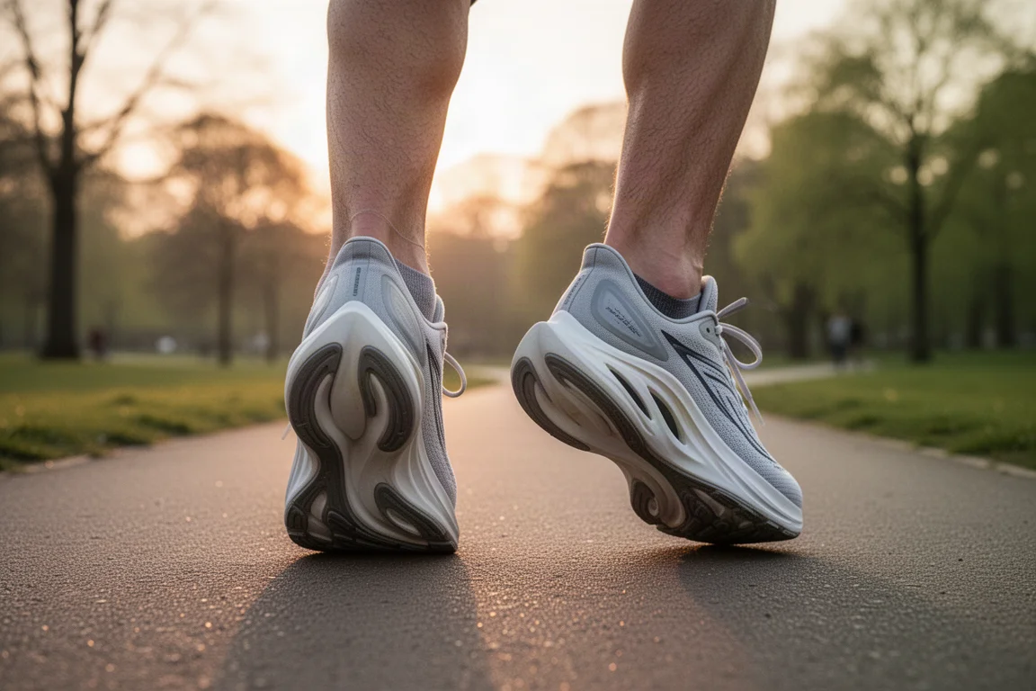 Runner lacing up a modern performance running shoe before a tempo run