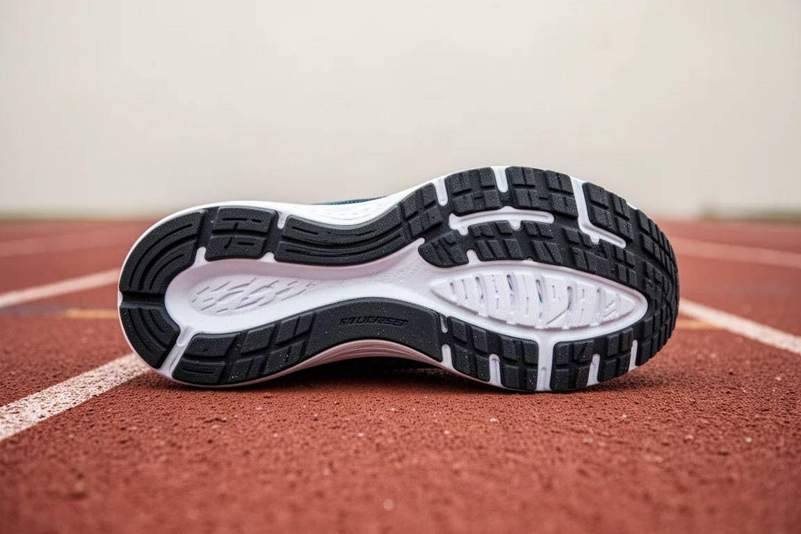 Everyday trainer midsole and outsole detail on a running track