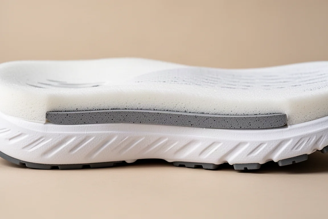 Close-up of a stability shoe midsole showing an internal support plane
