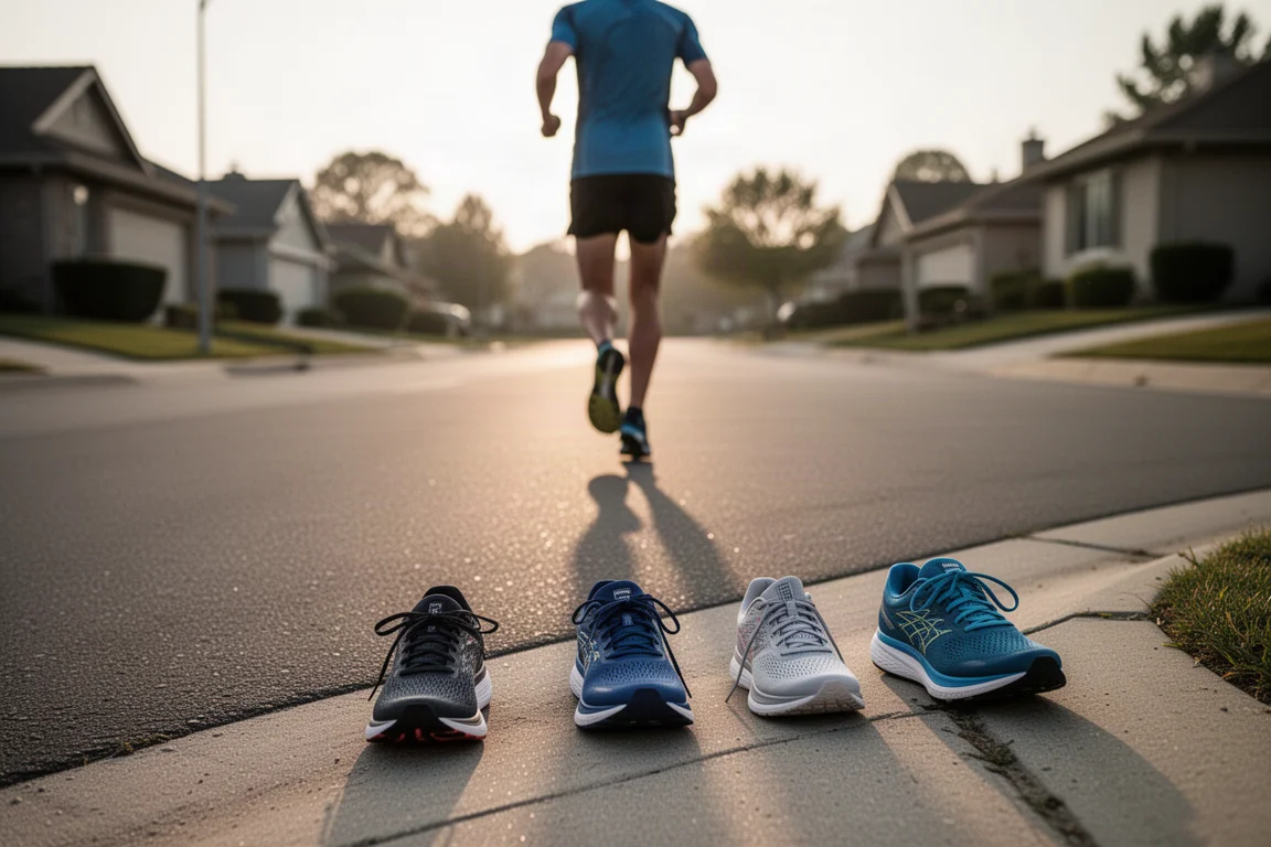 Runner on an open road during a long easy run in soft evening light
