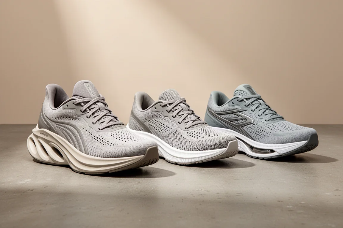 Three New Balance road running shoes arranged on a concrete surface