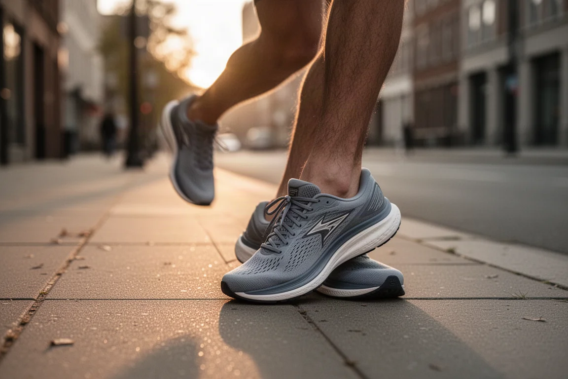 Corredor atándose unas New Balance de running en una acera urbana al amanecer