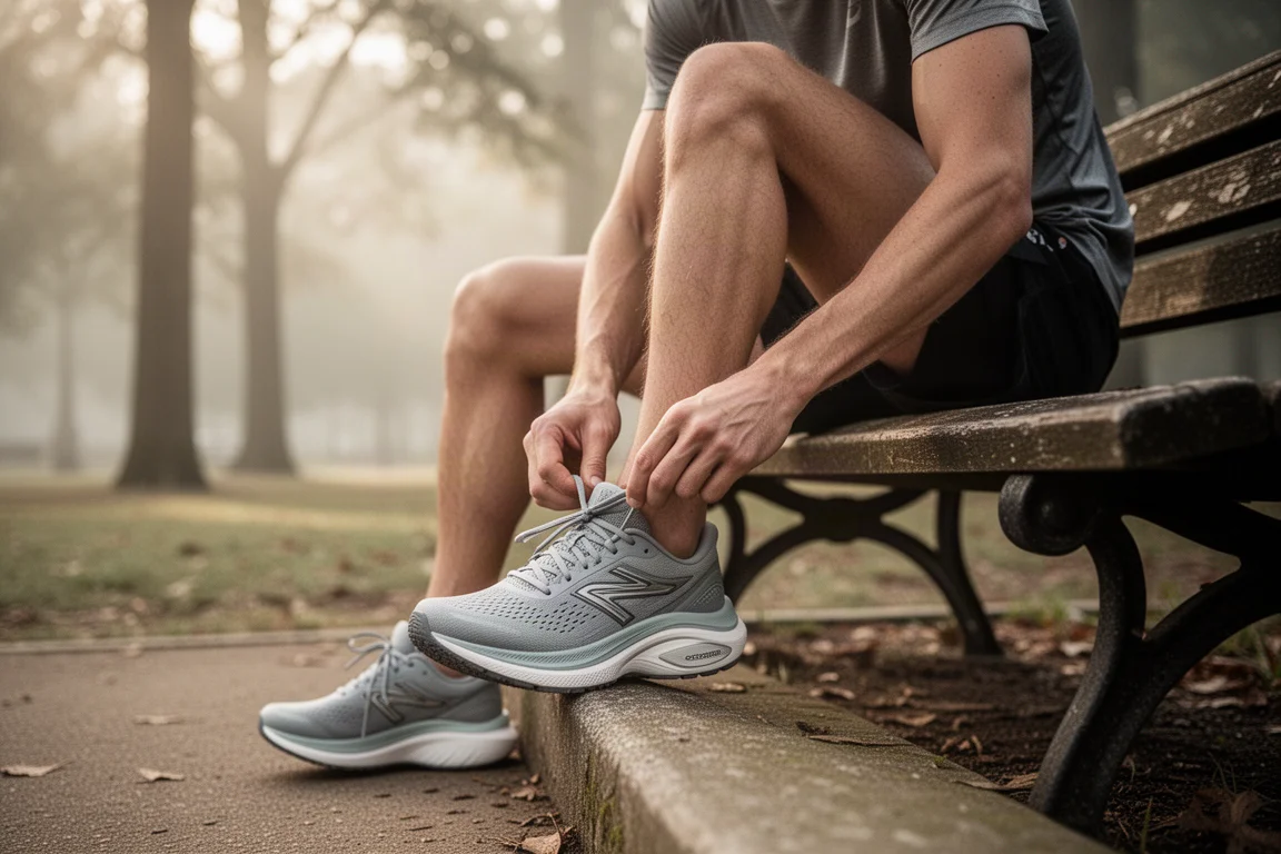 Corredor estirándose junto a una zapatilla de running de gran altura de pila