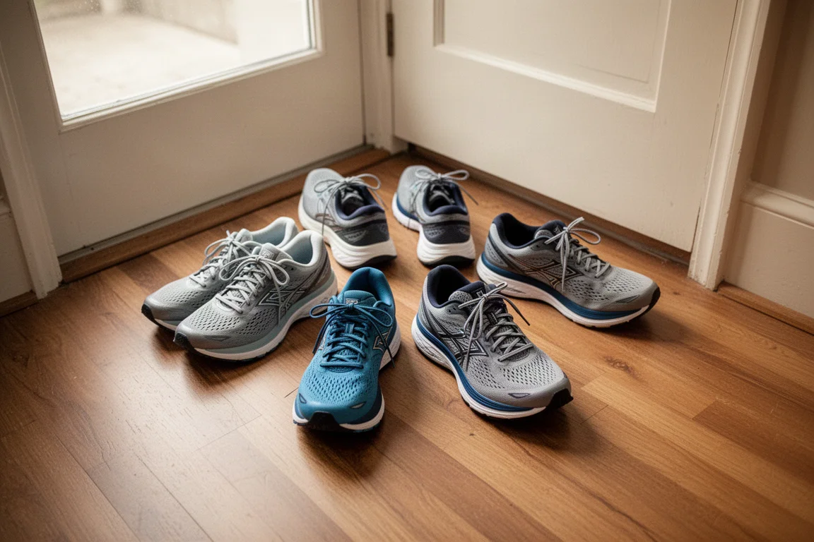 Colección de zapatillas de running dispuestas sobre un suelo de madera en una casa