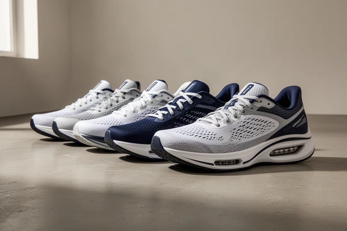 一排 New Balance 跑鞋整齊擺放在水泥攝影棚地板上