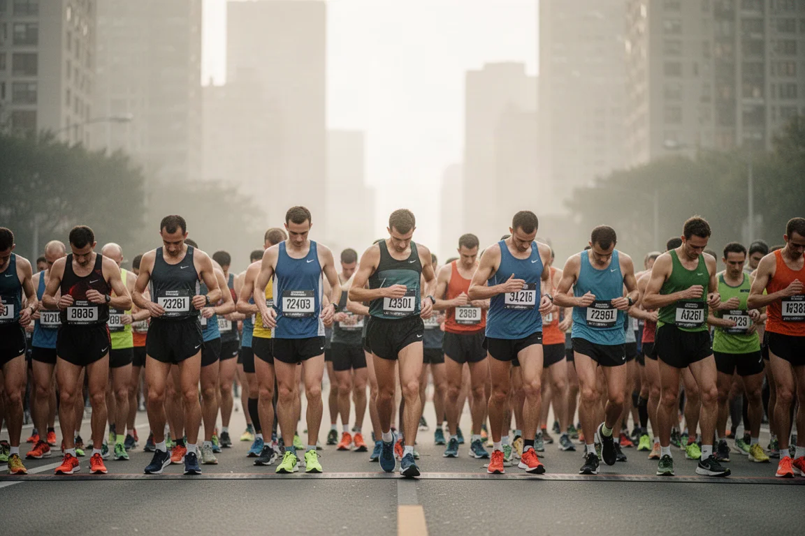 Runners lined up at the start of a road race in early morning light
