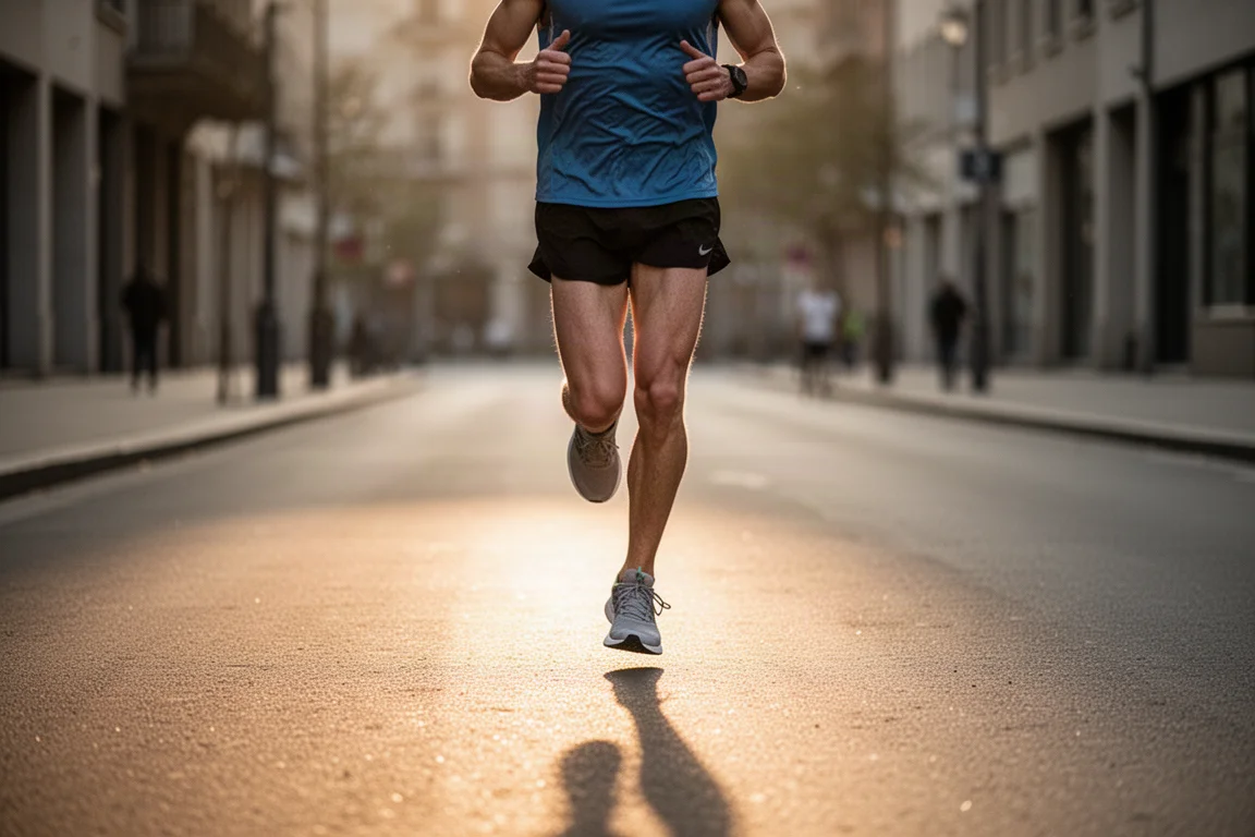 Runner finishing a tempo run on a quiet city street at dawn
