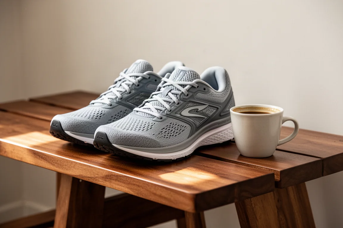 Close-up of running shoes resting beside a coffee cup on a wooden bench