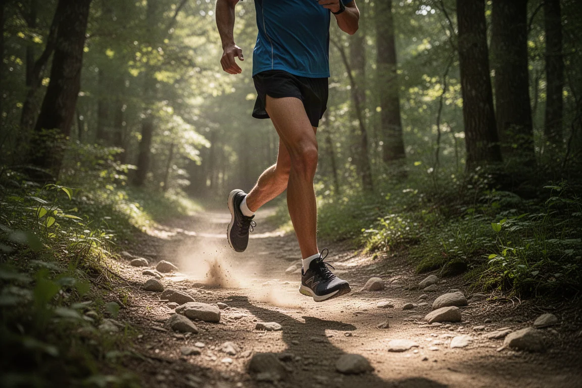 Trail runner crossing a rocky dirt path through green forest