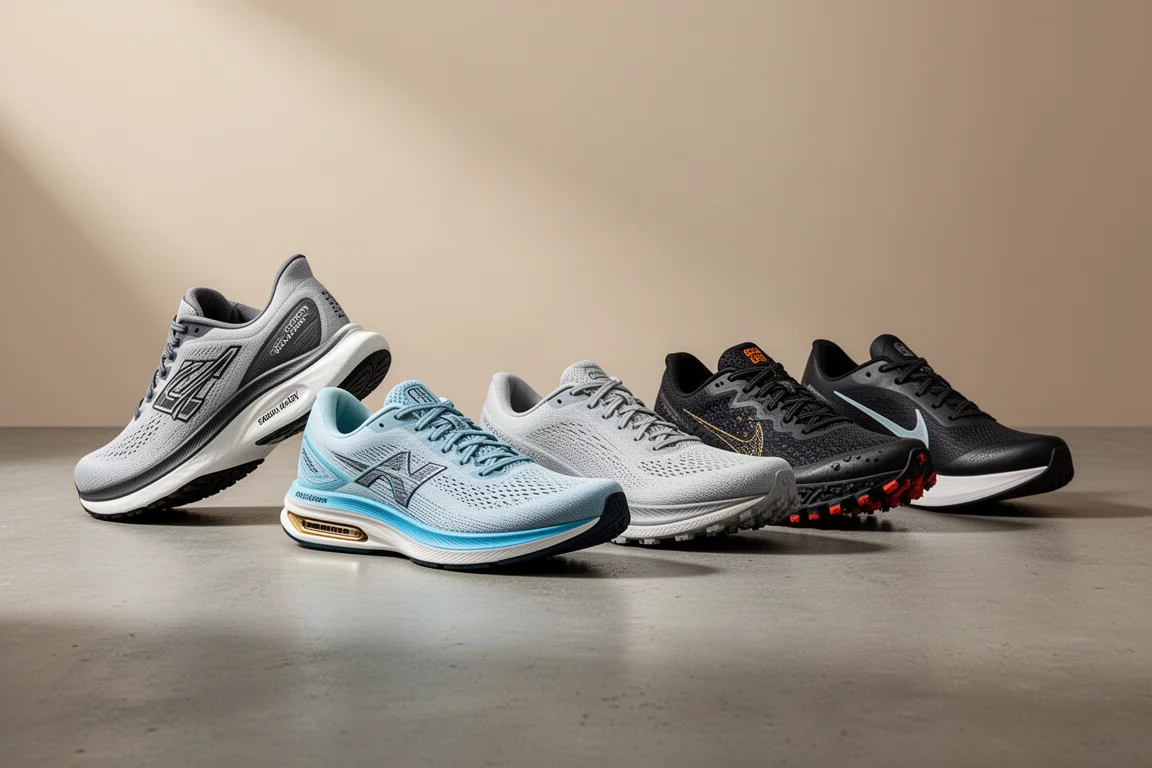 Six New Balance running shoes in a lineup on a concrete surface