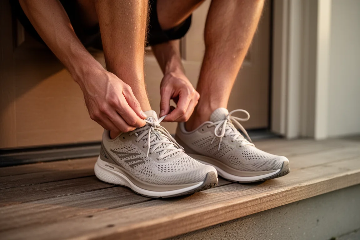 Läufer schnürt auf einer Haustürschwelle ein Paar Laufschuhe vor dem frühen Morgenlauf