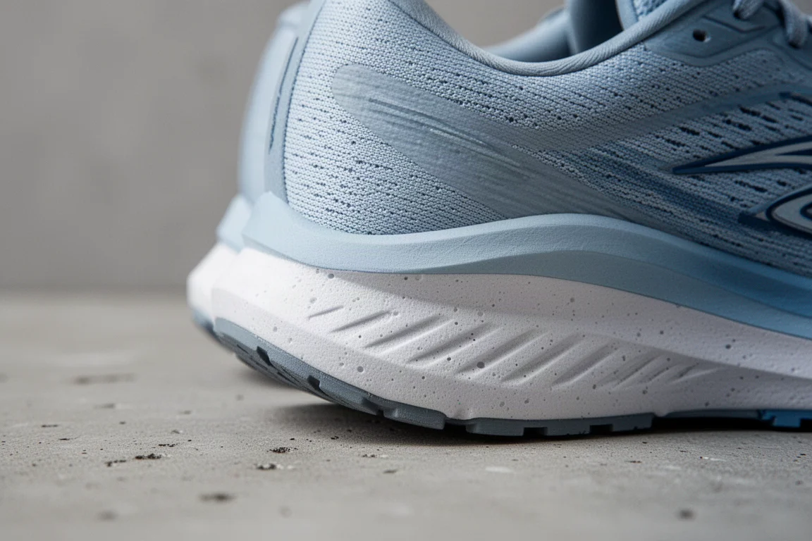 Detaillierte Ansicht des Dämpfungsschaums einer leichten Laufschuh-Mittelsohle mit dick gepolsterter Ferse