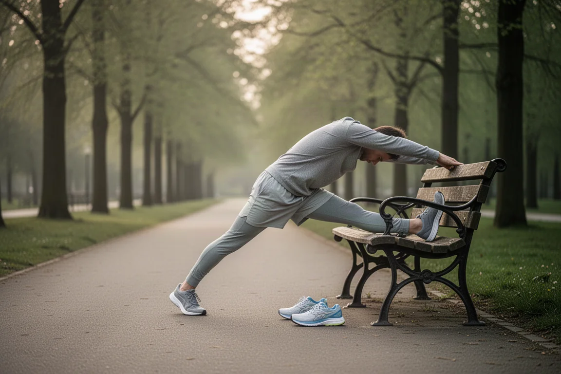 Läufer dehnt nach einem langsamen Regenerationslauf auf einem ruhigen Parkweg die Beine