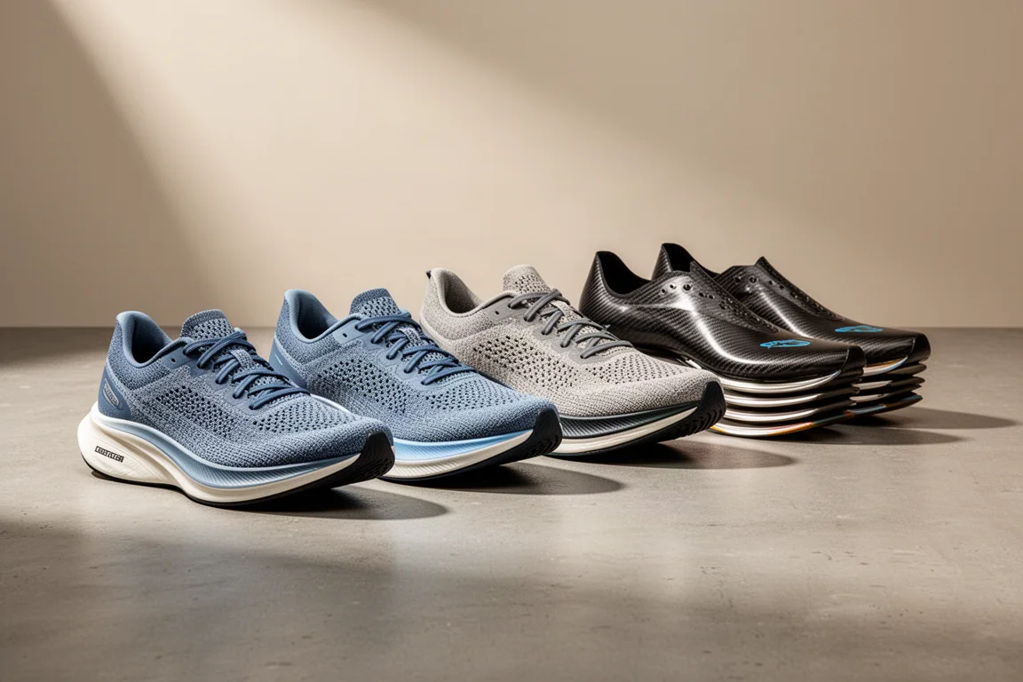Sei scarpe da running New Balance allineate su una superficie in cemento da studio