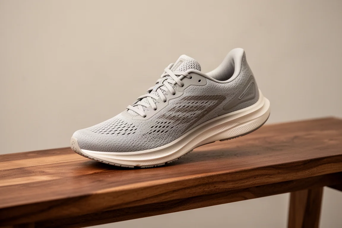 Zapatilla de running ligera y flexible flexionada para mostrar la flexibilidad del antepié