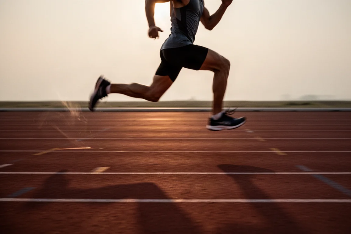 Corredora haciendo series rápidas en pista al atardecer en una pista de atletismo
