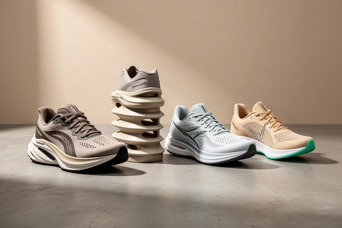 Four New Balance running shoes of different stack heights lined up on a concrete surface