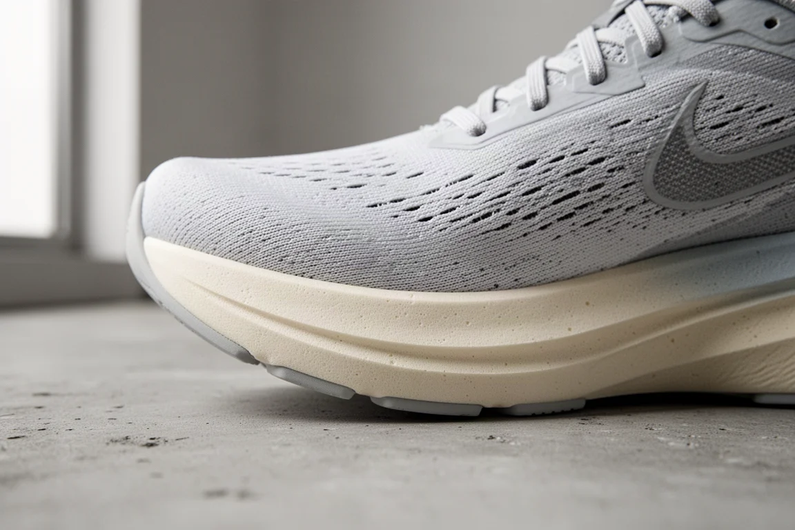 Primer plano de la mediasuela de una zapatilla de running con capas de espuma esculpidas y geometría rocker