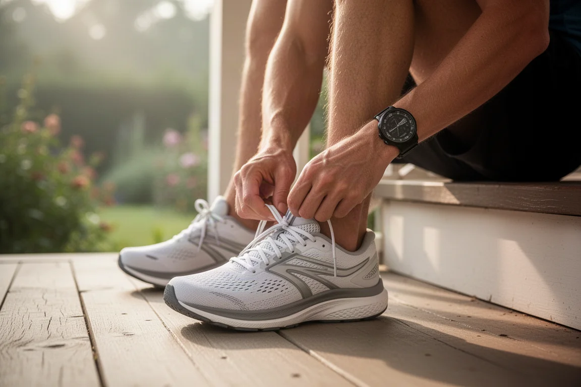 Corredor atándose los cordones de una zapatilla de running en el escalón de un porche