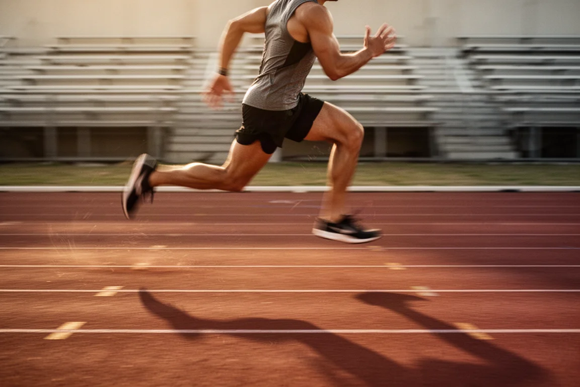 Atleta realizando series rápidas en una pista al atardecer
