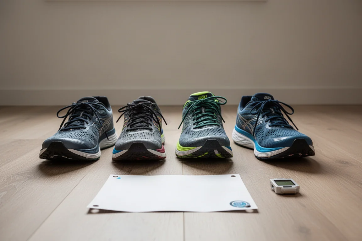 Drie hardloopschoenen op een rij op een houten vloer naast een startnummer