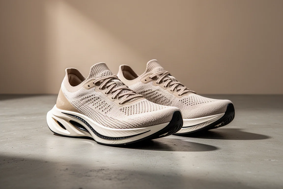 Pair of knit-upper carbon-plated racing shoes on a concrete surface