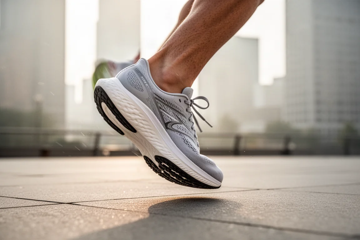 Primer plano del upper de punto suave y del sistema de cordones de una zapatilla de running en carretera