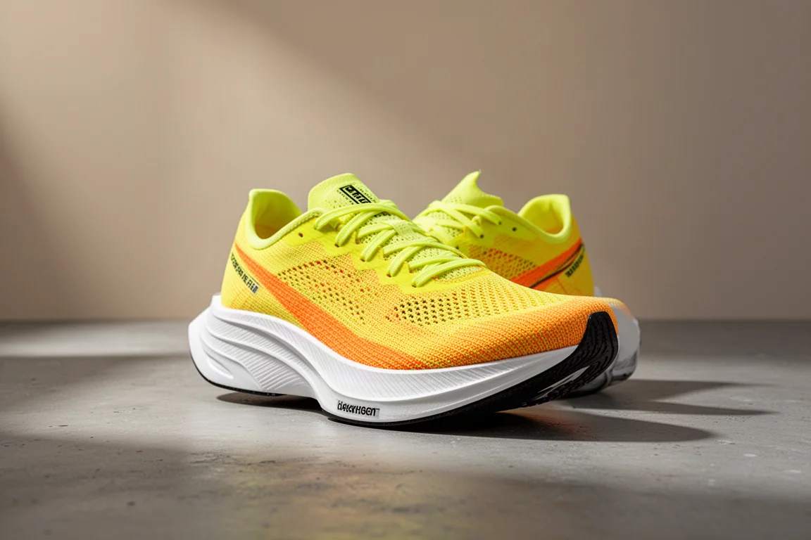 New Balance SC Elite v4 racing shoe in yellow and orange on concrete