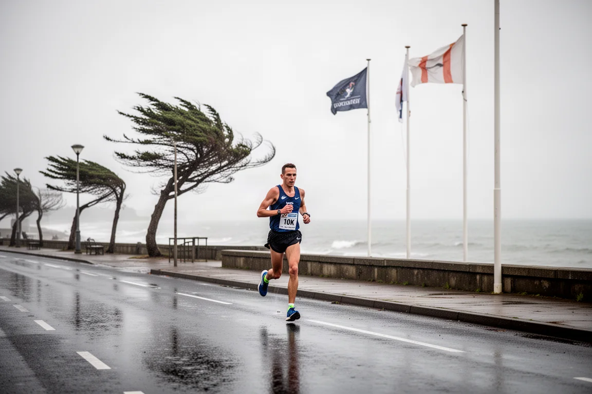 Un coureur maintient une allure constante sur une promenade côtière balayée par le vent lors d'un 10 km