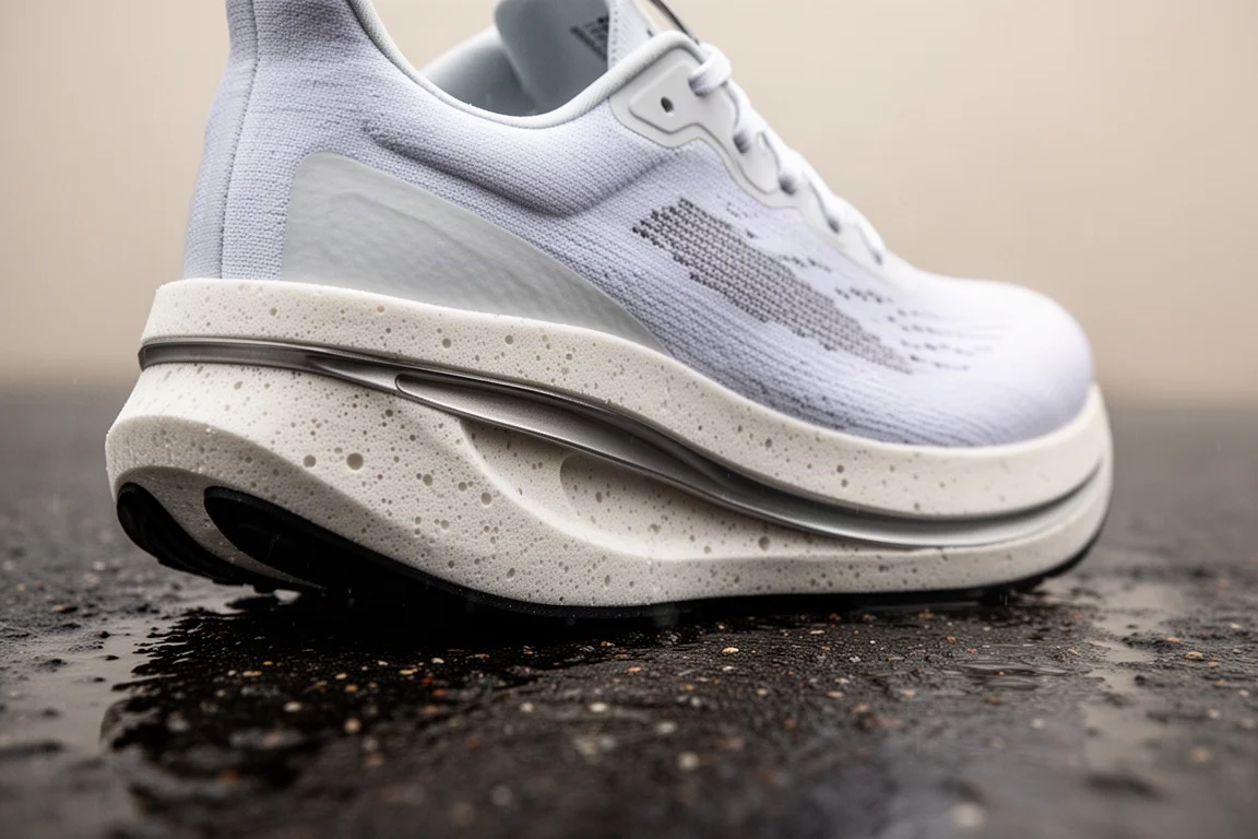 Gros plan sur une semelle intermédiaire épaisse blanche de super chaussure montrant la compression de la mousse sous charge