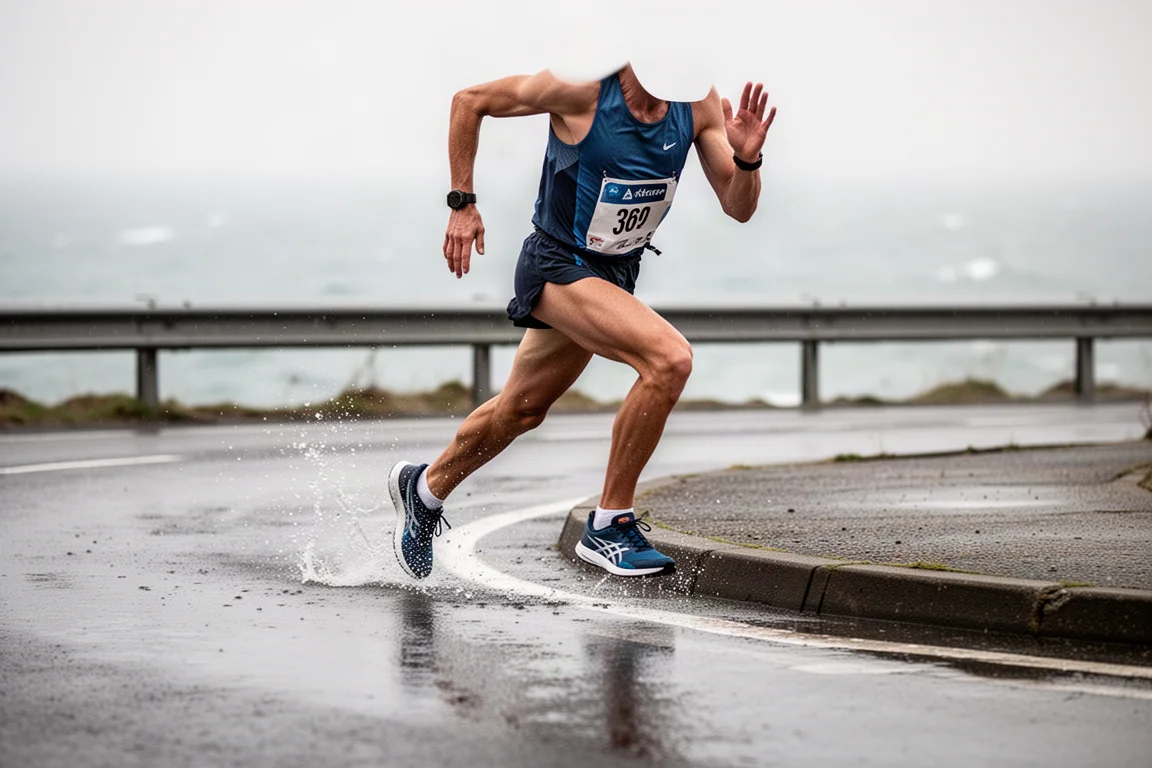 Un coureur prend un virage serré sur du bitume mouillé lors d'une course sur route