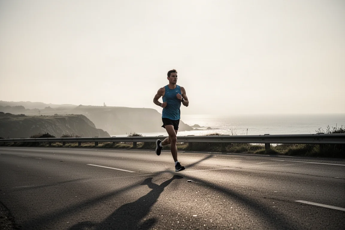Un coureur s'entraîne régulièrement sur une route ouverte dans la douce lumière du matin