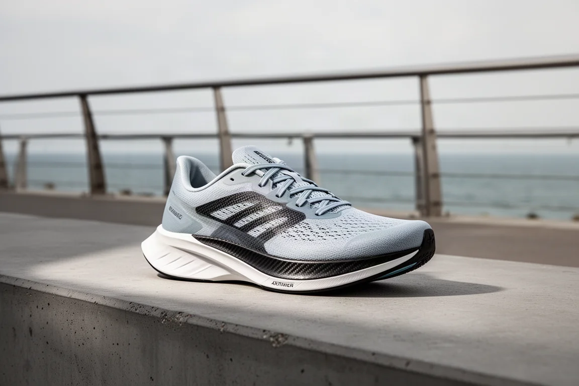 New Balance SC Elite V4 racing shoe on concrete beside a coastal railing