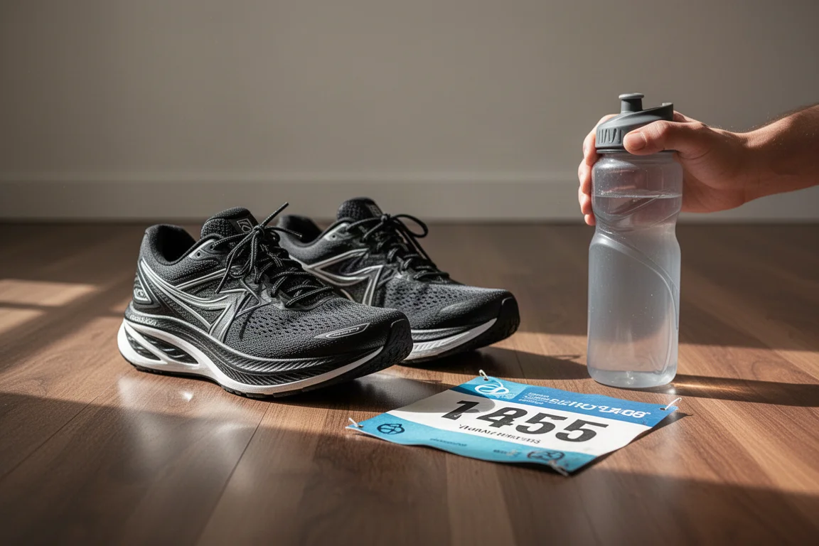 Un runner allaccia una scarpa da competizione con stack elevato su un pavimento in legno prima della corsa