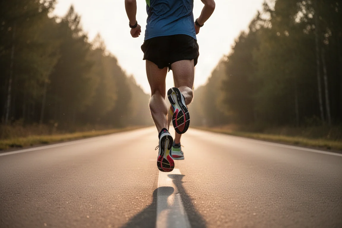 Un runner accelera su una strada asfaltata durante una seduta di training a ritmo sostenuto