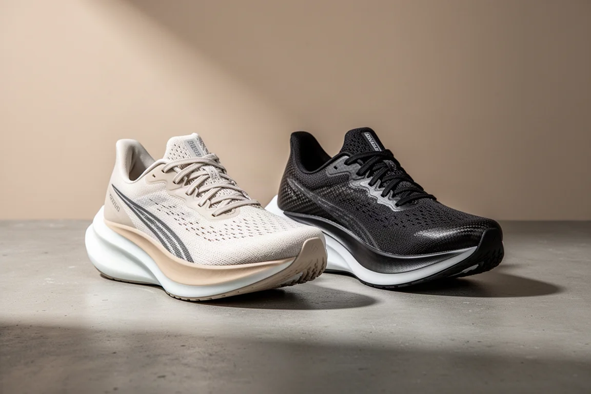 Scarpe da running New Balance FuelCell SC Elite v4 e Saucony Endorphin Pro 4 affiancate sul cemento