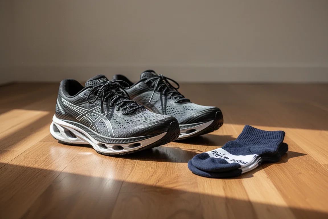 Runner che allaccia scarpe da gara con placca in carbonio su un pavimento in legno