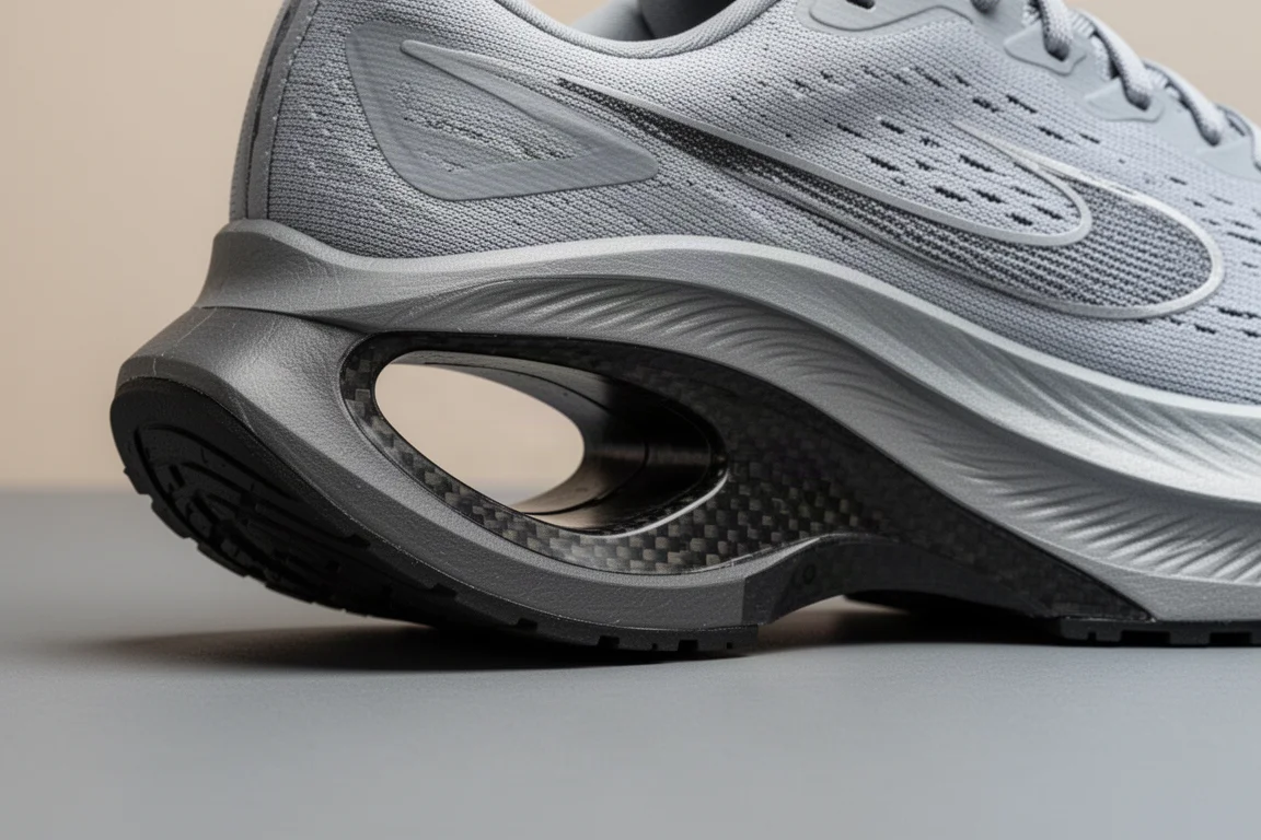 Primo piano dell'intersuola di una scarpa con placca in carbonio che mostra la curva a rocker