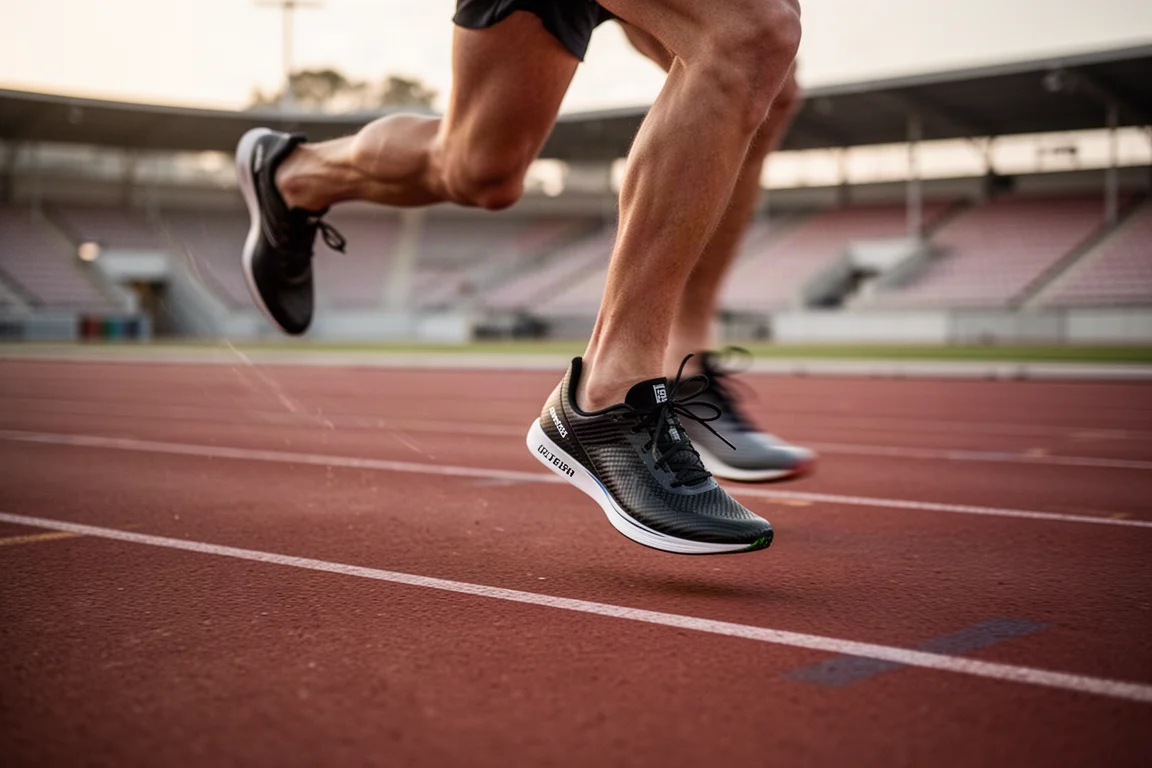 Piedi di un runner in piena falcata su una pista di atletica nella luce bassa della sera