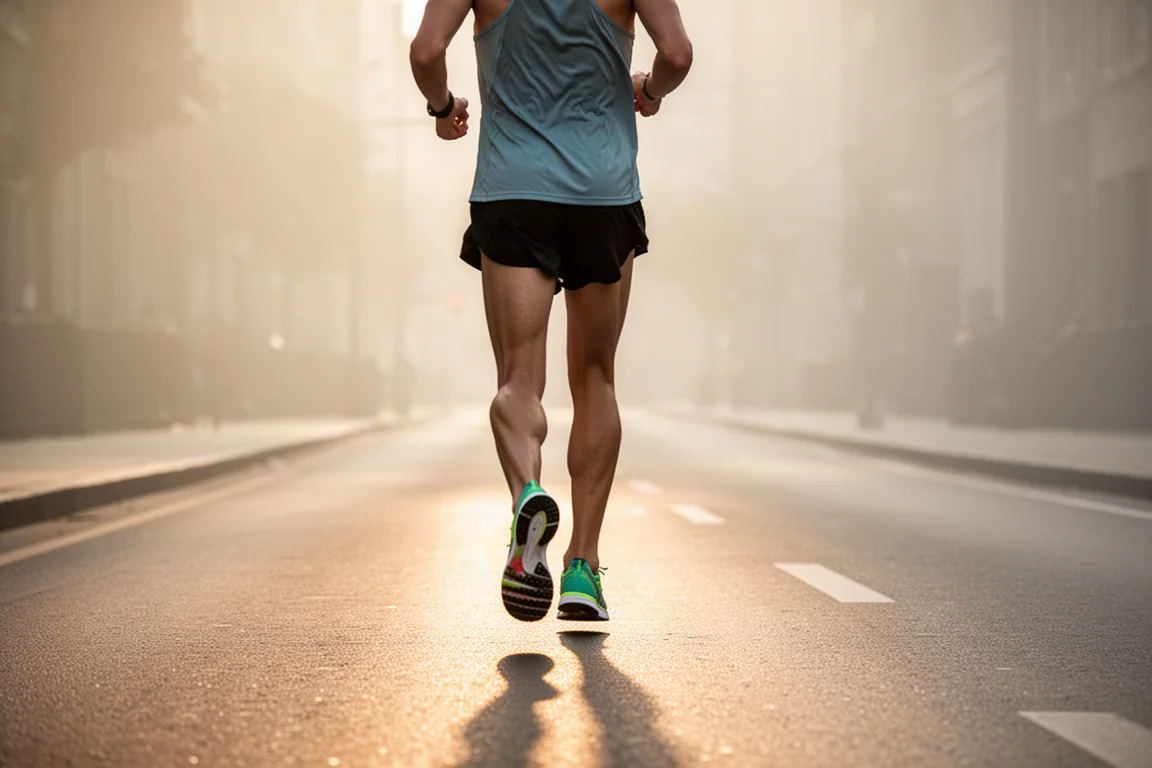 Runner su strada che corre lungo una via cittadina deserta all'alba