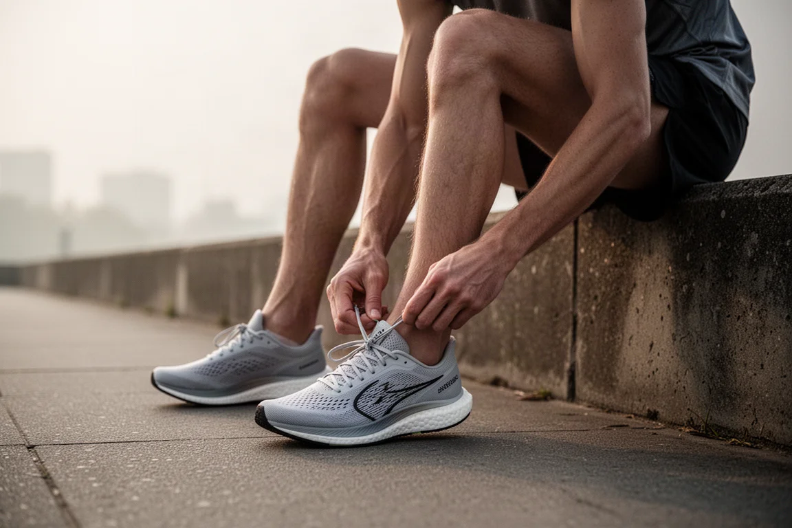 Corredor atándose unas zapatillas de competición ligeras antes de una sesión de velocidad al amanecer