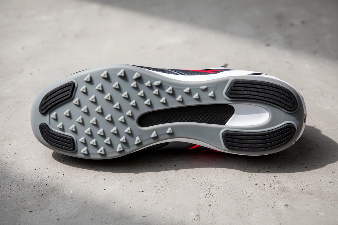 Primer plano de la suela de una zapatilla de competición con placa de carbono y tacos triangulares en el antepié