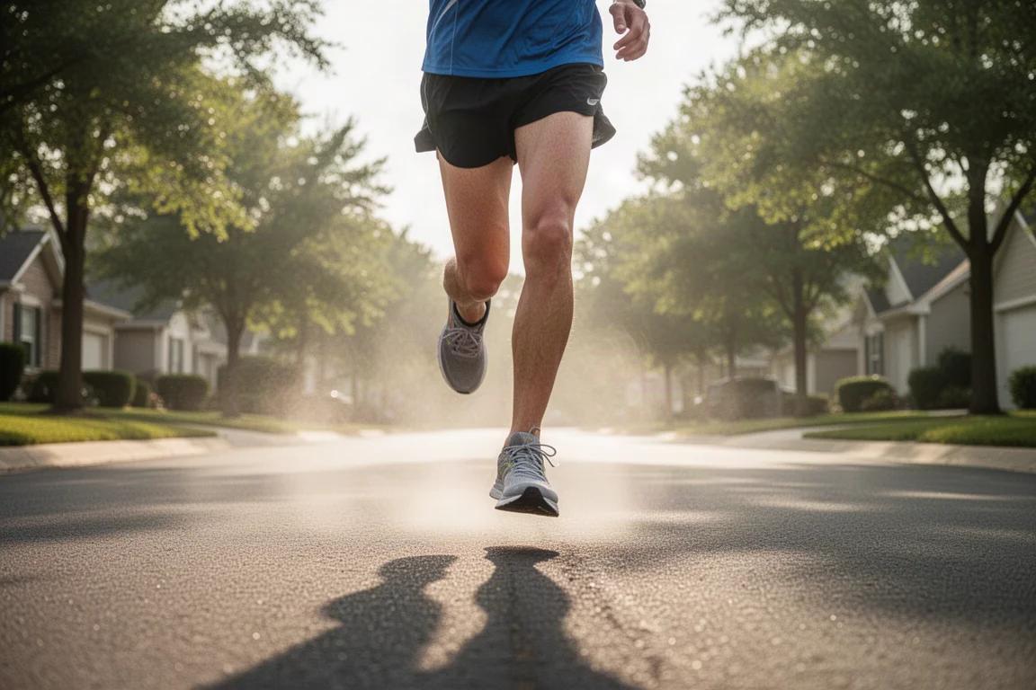 Runner mid-stride on a summer road with heat haze rising from the tarmac