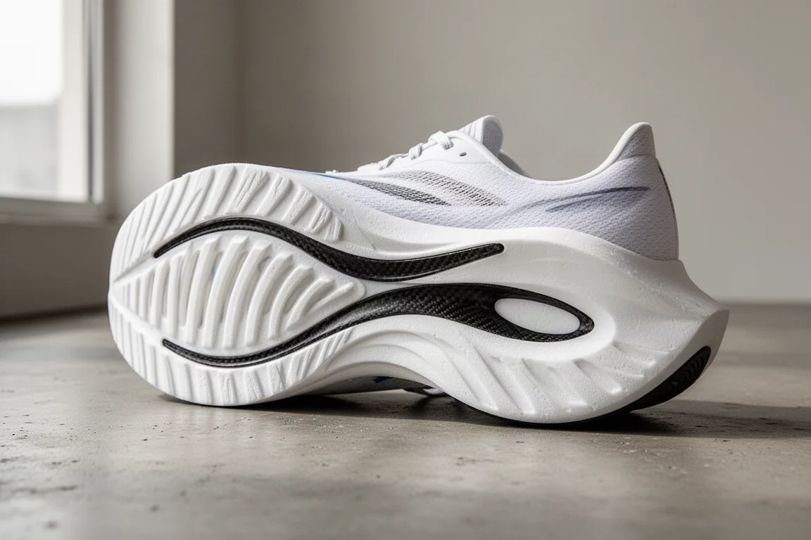 Close-up of a sculpted carbon shoe midsole showing heel cutout and foam geometry