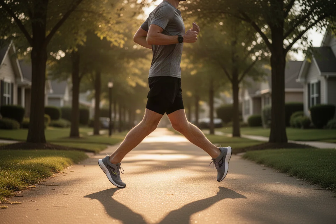 Runner cooling down on a tree-lined path in late afternoon light