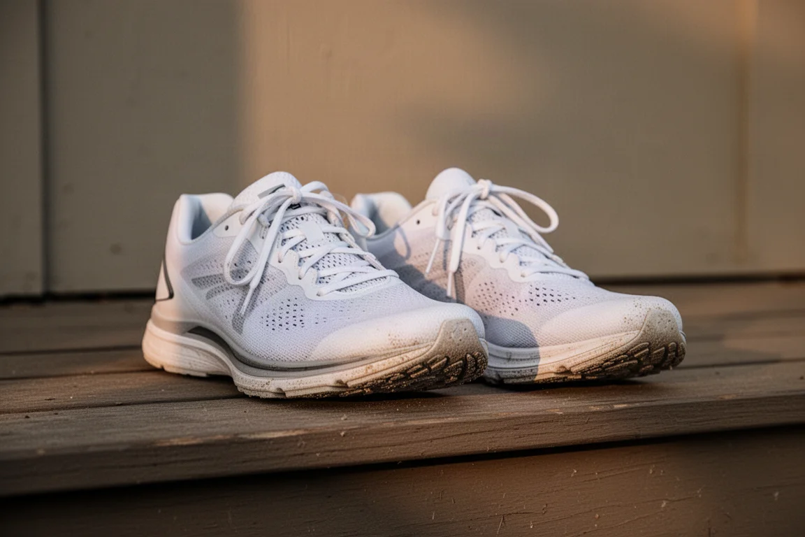 Pair of well-used running shoes resting on a porch after a hot training run