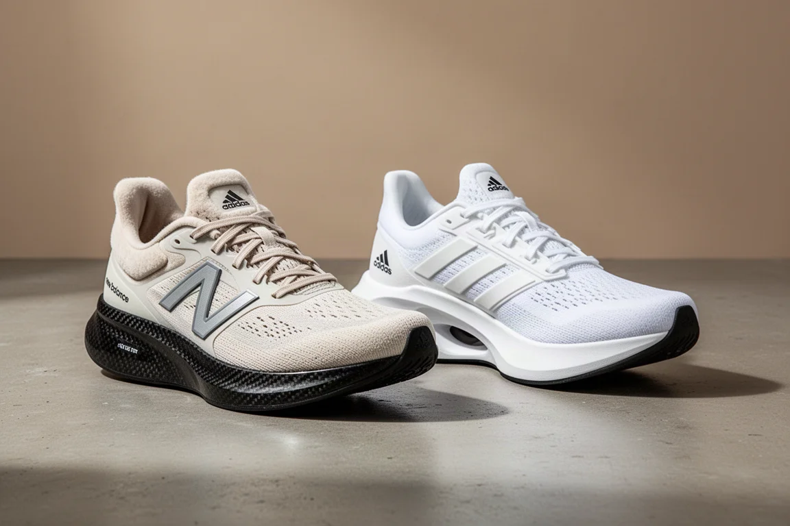 Two carbon racing shoes side by side on a concrete surface