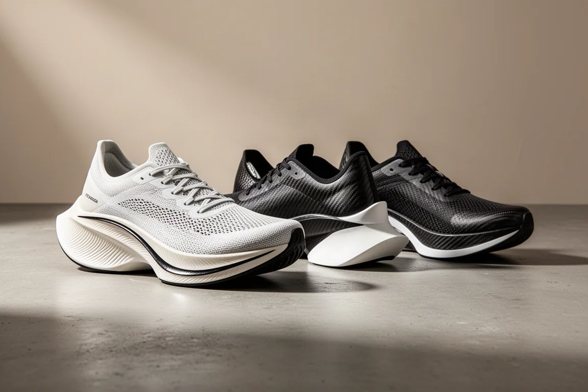 Three carbon-plated marathon racing shoes arranged in a row on concrete