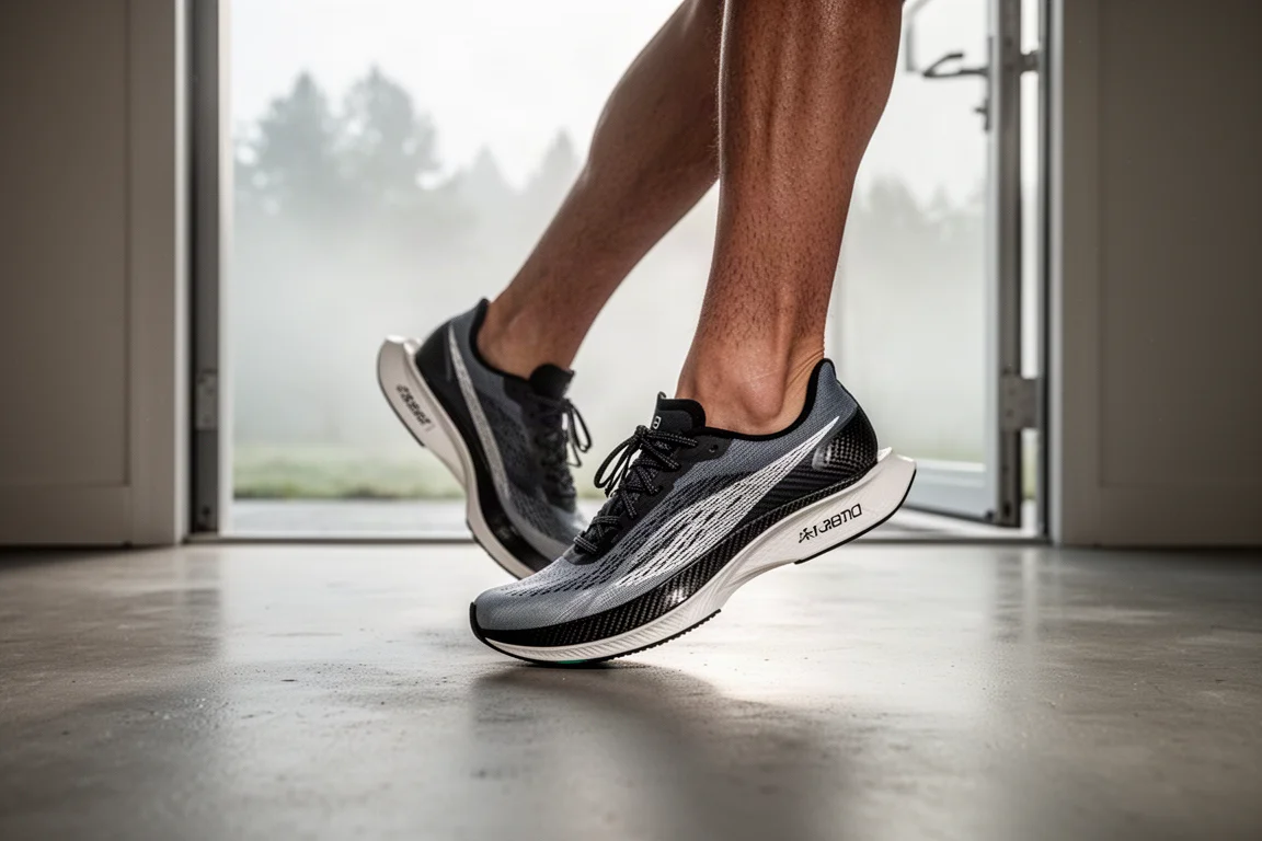 Corredor atándose los cordones de una zapatilla de competición de carbono antes de una carrera a primera hora de la mañana