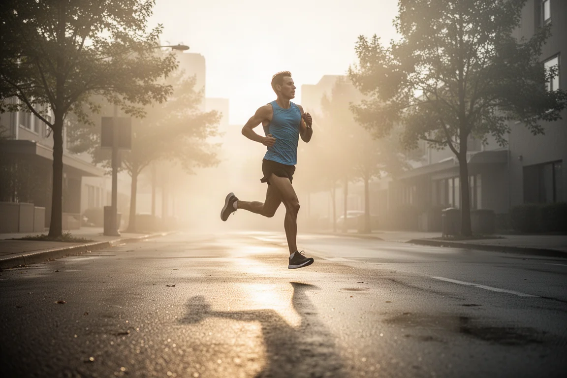 Corredor zancada por una calle húmeda de la ciudad durante un entrenamiento al ritmo de maratón